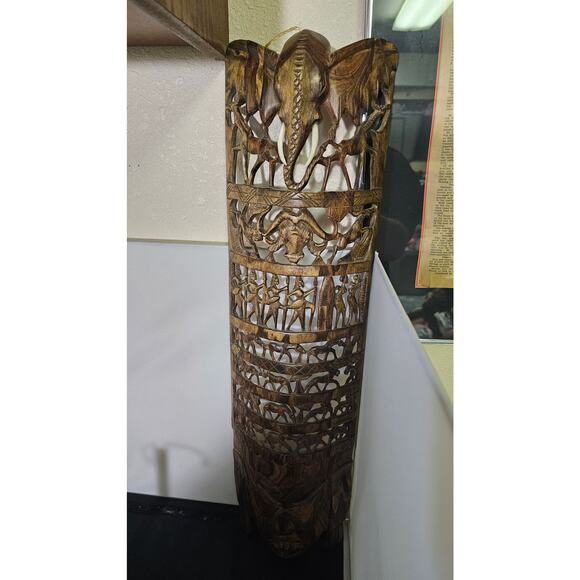 Vintage African Carved Curved Wood Tall Mask with Elephants Lions Rhinos